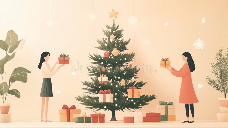 Julklapp utbyter en festlig scen med vänner eller familjemedlemmar som utbyter gåvor runt julgransträd genererade vektor illustrationer