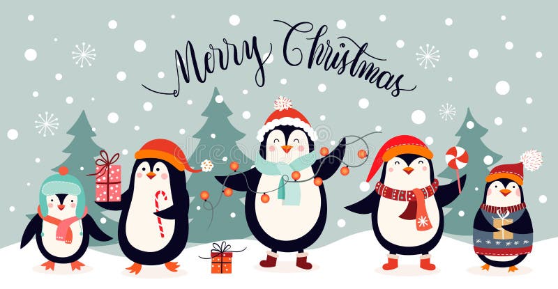 Julkortdesign med gulliga pingvin på ett vinterlandskap vektor illustrationer