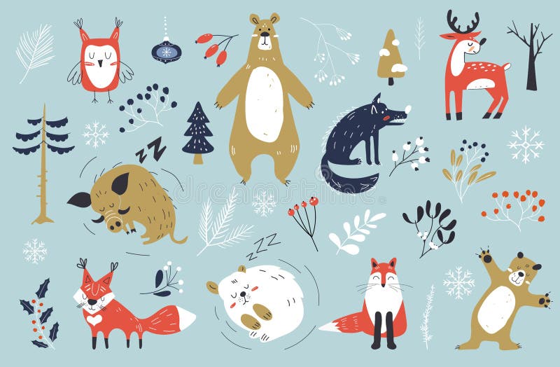 Julset med söta djur Vintertecken Handdragna trädjur Julskiss royaltyfri illustrationer