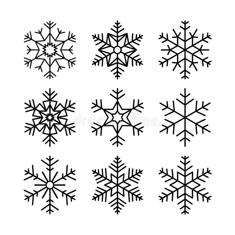 Julsnöflingor Vintersamling av svarta snörsymboler för nyårsbanderoller, kort, pappersdesign Vector vektor illustrationer