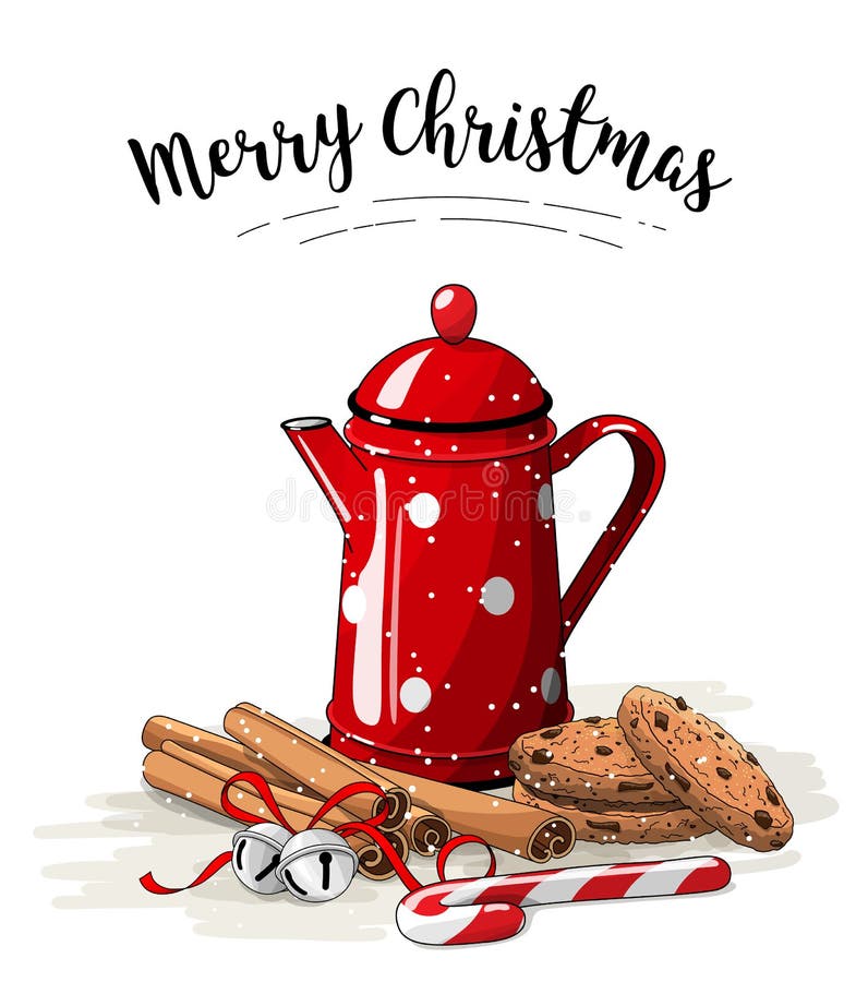 Julstilleben, röd tekruka, bruna kakor, kanelbruna pinnar och klirrklockor på vit bakgrund, illustration