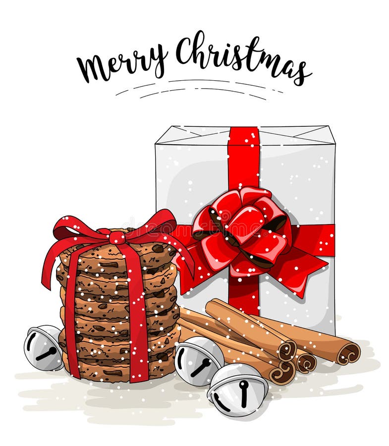 Julstilleben, vit gåvaask med det stora röda bandet, bunt av bruna kaka-, kanel- och klirrklockor