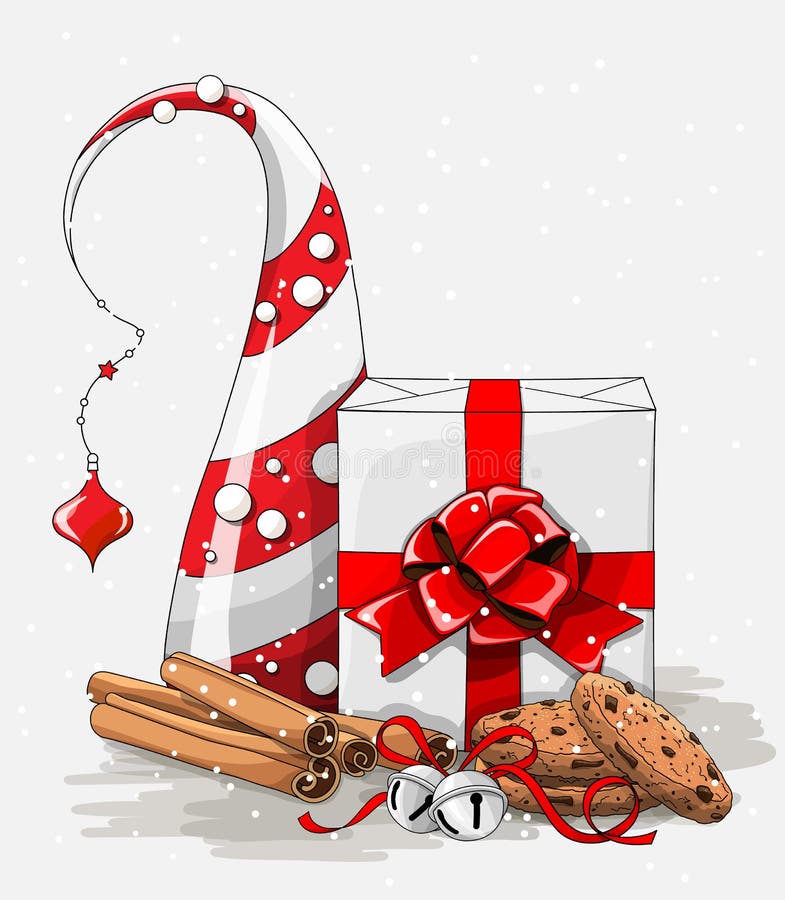 Julstilleben, vit gåvaask med det stora röda bandet, kakor, kanel- och klirrklockor och abstrakt chritmasträd stock illustrationer