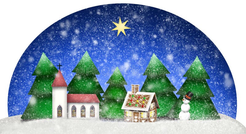 Jultema med den kyrkliga snögubben för pepparkakahus och granträdet i ett snöig landskap vektor illustrationer Jultema med den kyrkliga snögubben för pepparkakahus och granträdet i ett snöig landskap vektor illustrationer