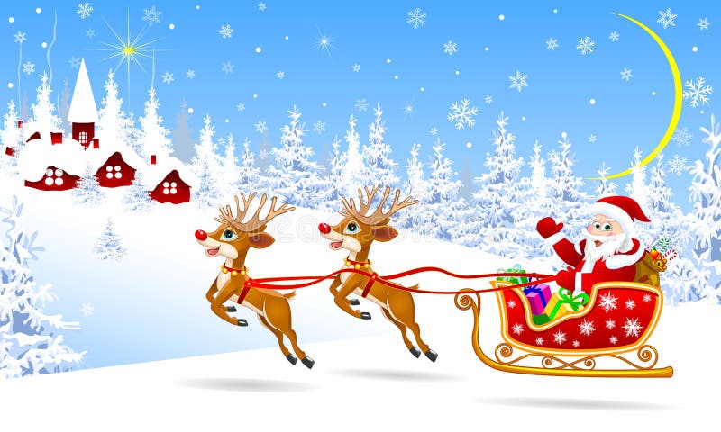 Jultomten på en släde med deersvälkomnanden stock illustrationer Jultomten på en släde med deersvälkomnanden stock illustrationer