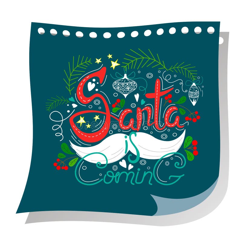 Jultomten är kommande bokstäver som göras i unik stil på en kupong Handdrawn design Stjärnor, garneringar, sidor och bär med en m vektor illustrationer Jultomten är kommande bokstäver som göras i unik stil på en kupong Handdrawn design Stjärnor, garneringar, sidor och bär med en m vektor illustrationer