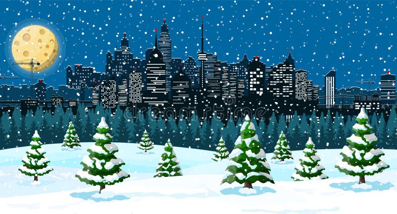 Julvintercityscape, snöflingor och träd vektor illustrationer Julvintercityscape, snöflingor och träd vektor illustrationer