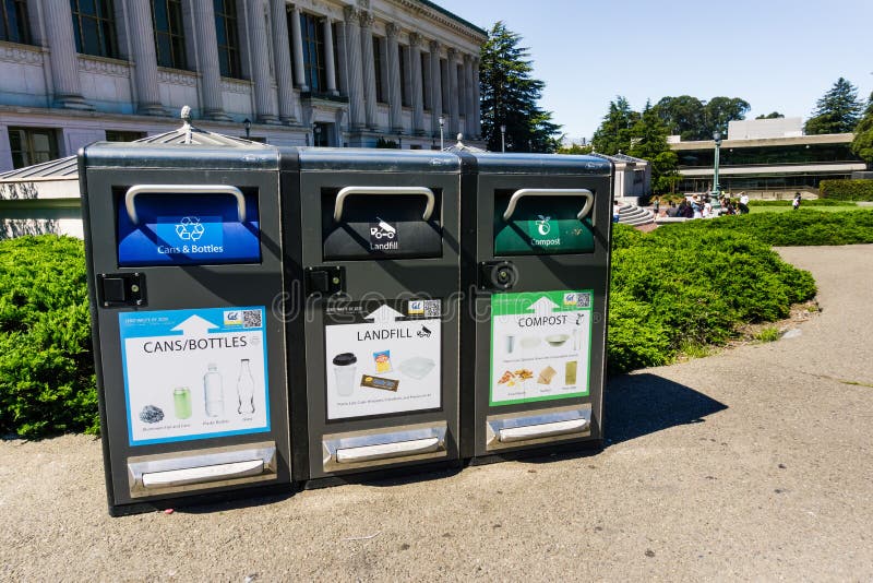 July 13, 2019 Berkeley / CA / USA - Recycling cans and bottles, Landfill garbage and some types of plastics and Compost food stock images July 13, 2019 Berkeley / CA / USA - Recycling cans and bottles, Landfill garbage and some types of plastics and Compost food stock images
