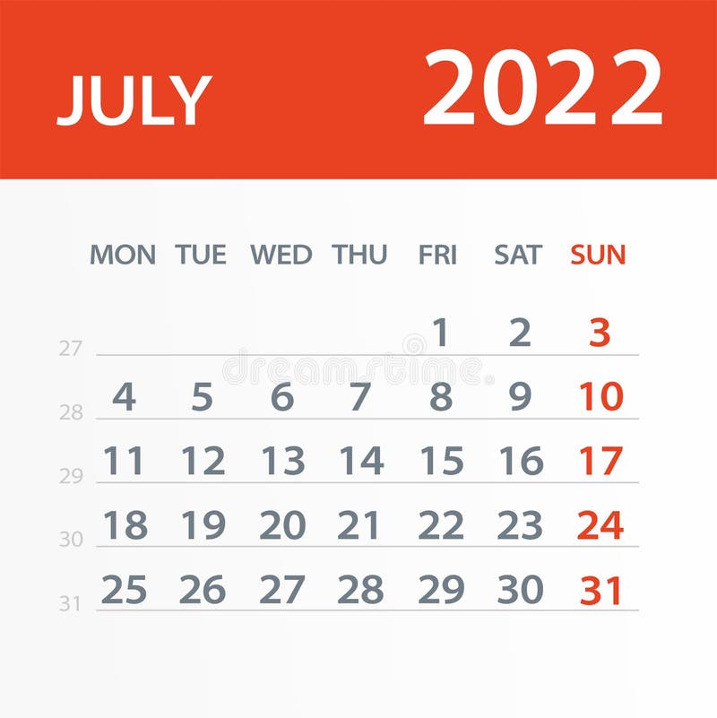 July 2022 Calendar Green Leaf - Vector Illustration. Week Starts On Monday Stock Vector - Illustration Of Backgrounds, Organizer: 220707862