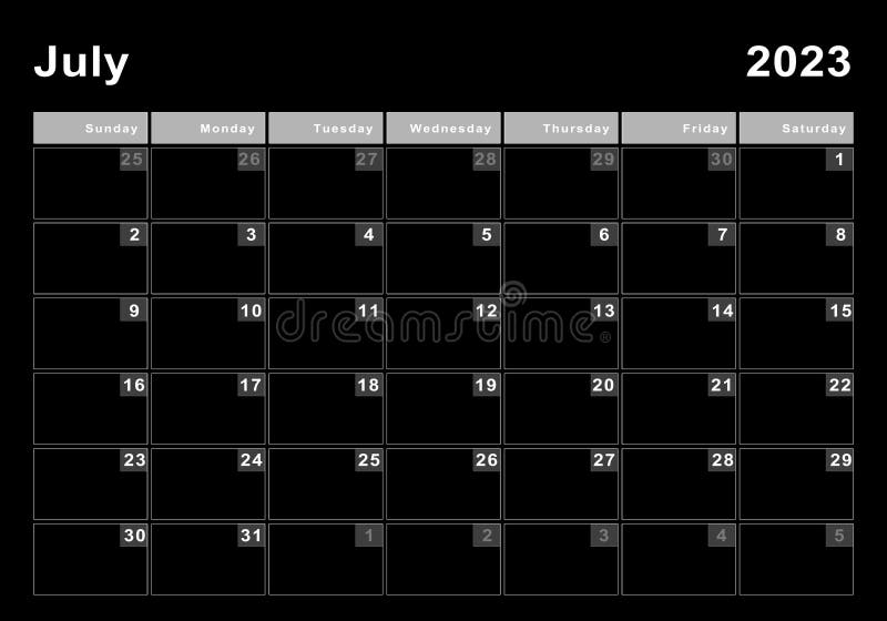 July 2023 Calendar, Week Start Sunday Stock Photo - Image of planner