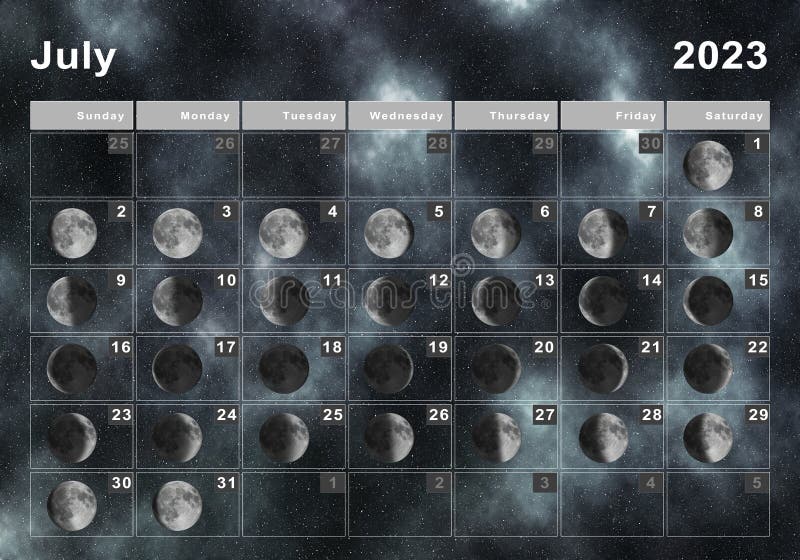 July 2023 Lunar Calendar, Moon Cycles Stock Illustration - Illustration ...