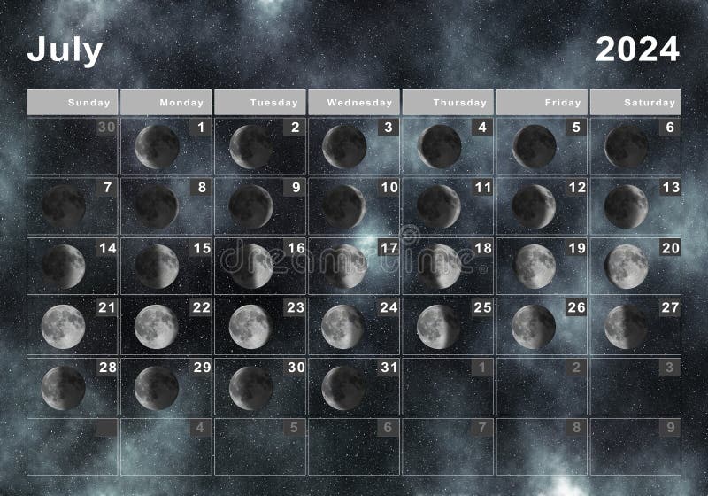 July 2024 Lunar Calendar, Moon Cycles Stock Illustration - Illustration ...