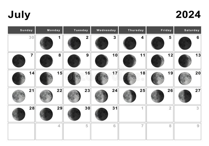 July 2024 Lunar Calendar, Moon Cycles Stock Image - Image of agenda