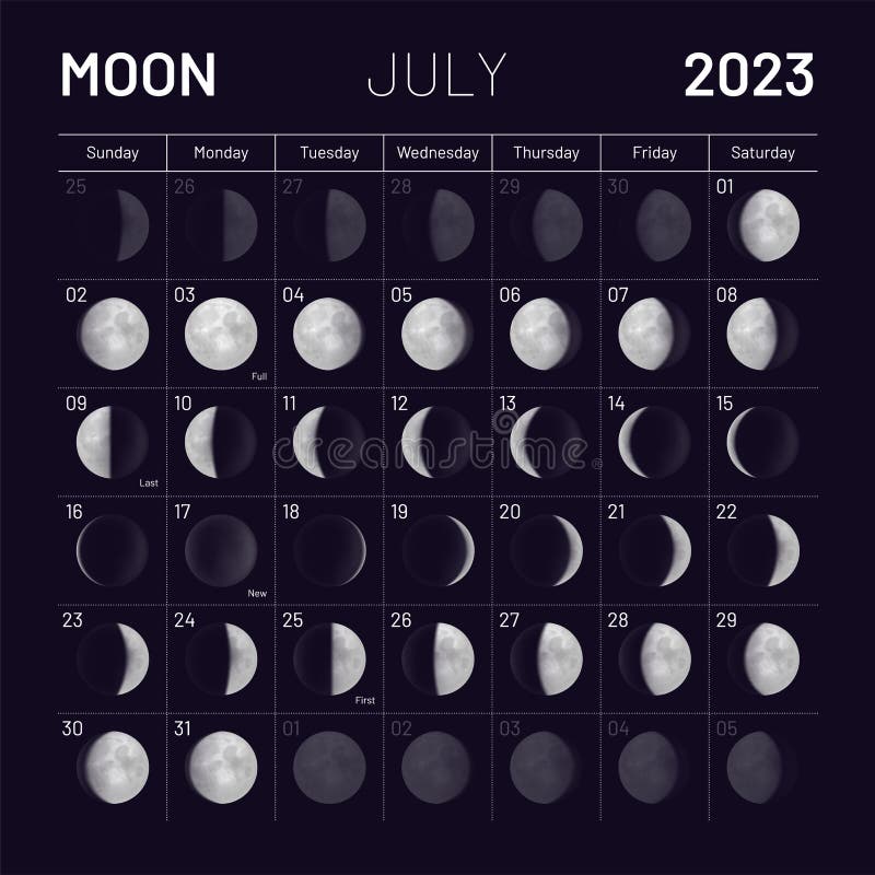 July Lunar Calendar for 2023 Year, Monthly Cycle Planner Stock