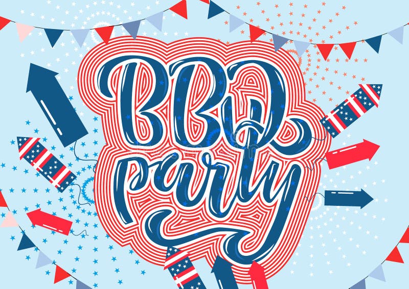 July 4th BBQ Party lettering invitation to American independence day barbeque with July 4th decorations stars, flags, fireworks on royalty free illustration