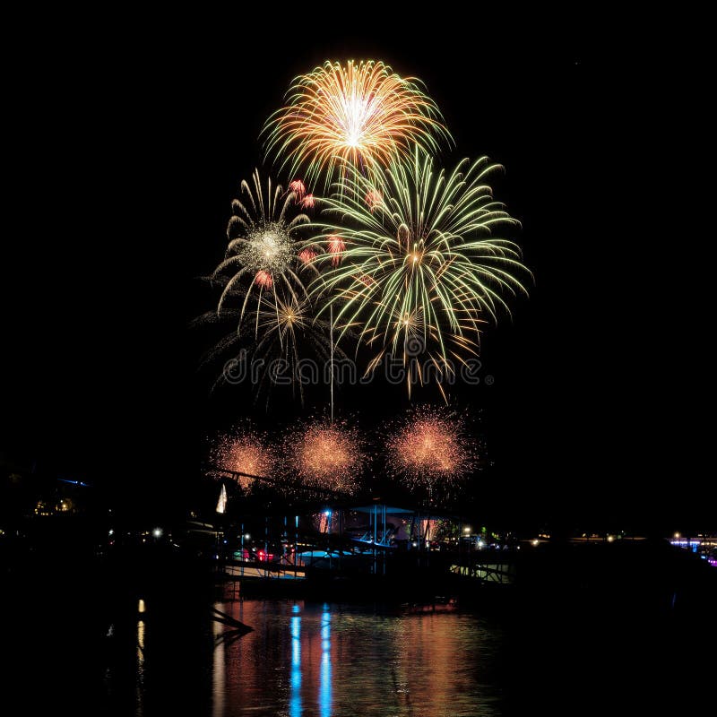 July 4th, 2023 Duck Creek Fireworks Display on Grand Lake, Oklahoma. Stock Image Image of lake
