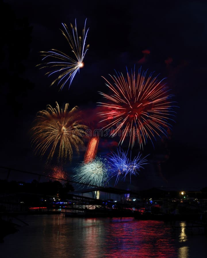 July 4th, 2024 Duck Creek Fireworks Display on Grand Lake, Oklahoma. Stock Image Image of
