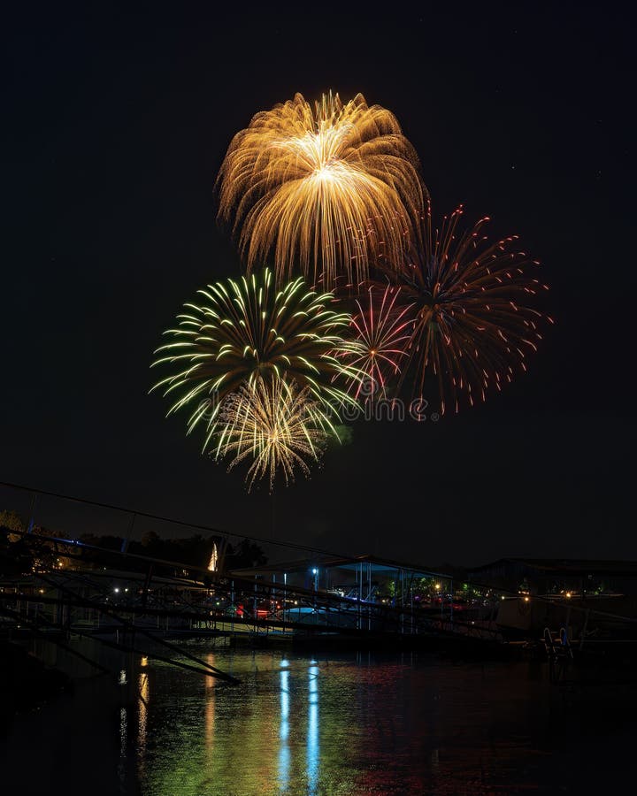 July 4th, 2023 Duck Creek Fireworks Display on Grand Lake, Oklahoma. Stock Photo Image of year