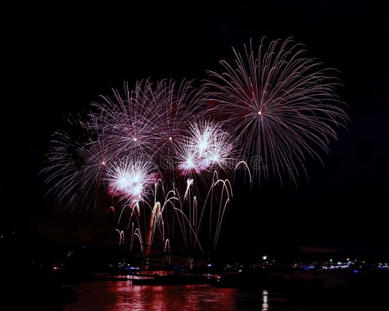 July 4th, 2024 Duck Creek Fireworks Display on Grand Lake, Oklahoma. Stock Photo Image of