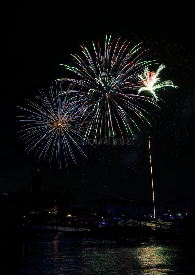 July 4th, 2024 Duck Creek Fireworks Display on Grand Lake, Oklahoma. Stock Photo Image of