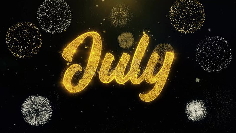 July Written Gold Particles Exploding Fireworks Display stock illustration
