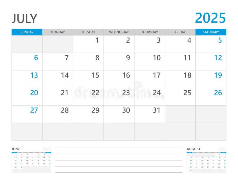 July 2025 Year, Calendar Planner 2025 and Set of 12 Months, Week Start on Sunday. Desk Calendar