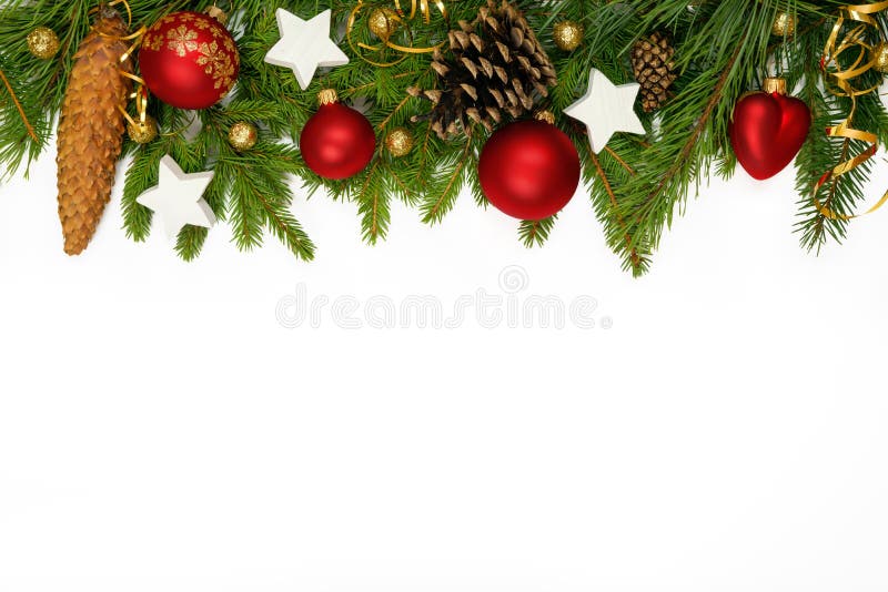 Christmas upper decoration with balls, stars and cones on white background. Christmas upper decoration with balls, stars and cones on white background.