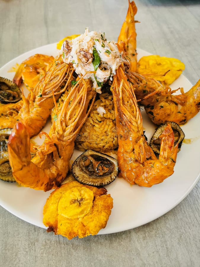 Jumbo Prawns and Grilled Shrimp with Rice and Coconut. Stock Photo