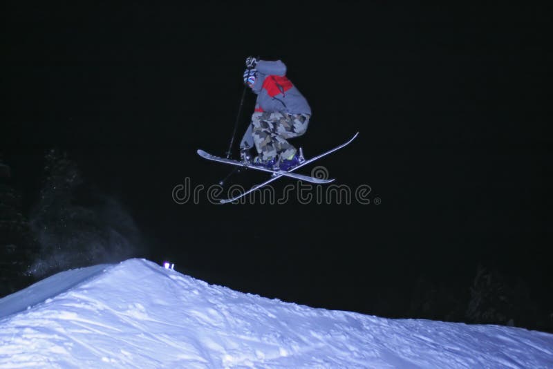 Huge Snowboarding Jump on Slopes of Ski Resort in Spain Stock Photo
