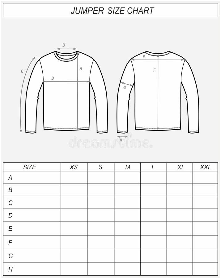 Jumper Size Chart. Sweatshirt Front and Back Stock Vector