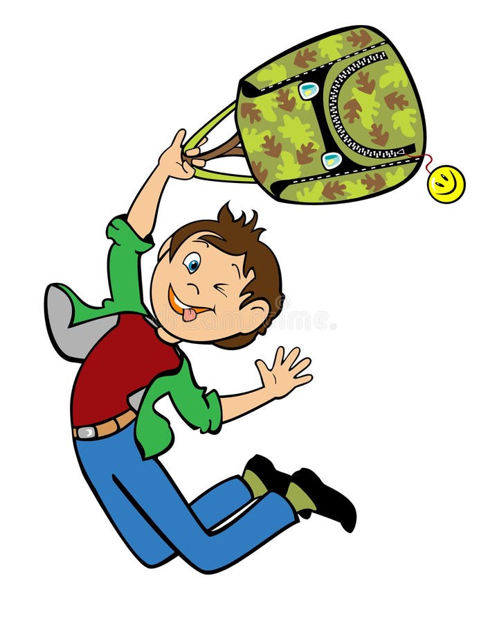 Jumping boy holding school bag