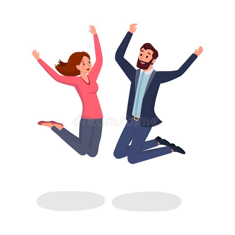 Jumping Colleagues Flat Vector Illustration. Two Friends, Man and Woman Leaping in Excitement and Joy Cartoon Characters Stock Vector - Illustration of cartoon, adult: 151784414 Jumping Colleagues Flat Vector Illustration. Two Friends, Man and Woman Leaping in Excitement and Joy Cartoon Characters Stock Vector - Illustration of cartoon, adult: 151784414
