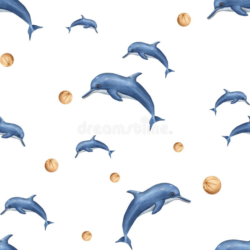 Jumping dolphins playing with ball. Seamless pattern with sea animals. Watercolor illustration. Flock of dolphins. For textile, print, wrapping. Cartoon style. Jumping dolphins playing with ball. Seamless pattern with sea animals. Watercolor illustration. Flock of dolphins. For textile, print, wrapping. Cartoon style