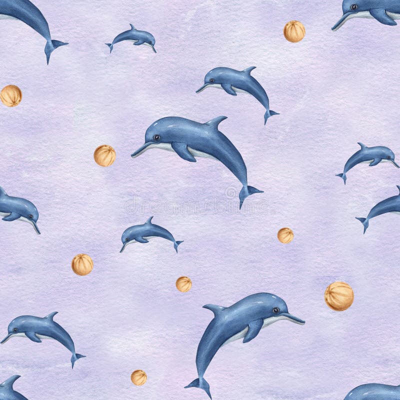 Jumping dolphins playing with ball. Seamless pattern with sea animals. Watercolor illustration on lilac background. Flock of dolphins. For textile, print, wrapping. Cartoon style