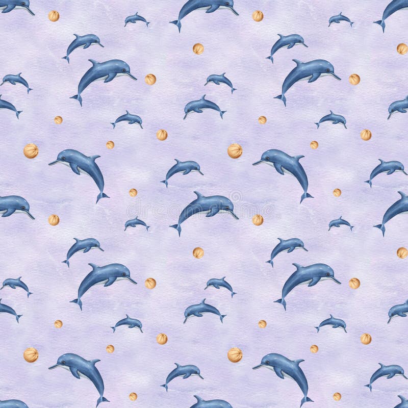 Jumping dolphins playing with ball. Seamless pattern with sea animals. Watercolor illustration on lilac background. Flock of dolphins. For textile, print, wrapping. Cartoon style