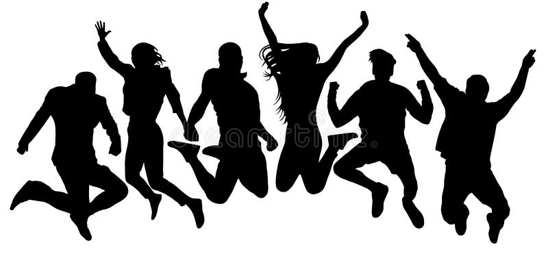Jumping friends youth background. People jump vector silhouette. Cheerful man and woman isolated. Crowd jumping people