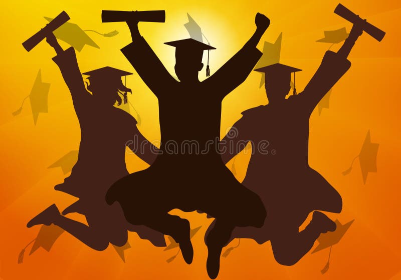 Jumping graduate students in mantle and mortarboard with certificate on background of sunset. Graduation. Vector illustration vector illustration Jumping graduate students in mantle and mortarboard with certificate on background of sunset. Graduation. Vector illustration vector illustration