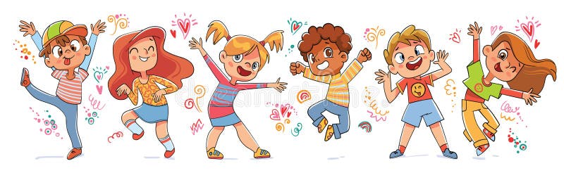 Jumping, grimacing and dancing children. Colorful cartoon characters. Funny vector illustration. Isolated on white background. Seamless panorama. Set