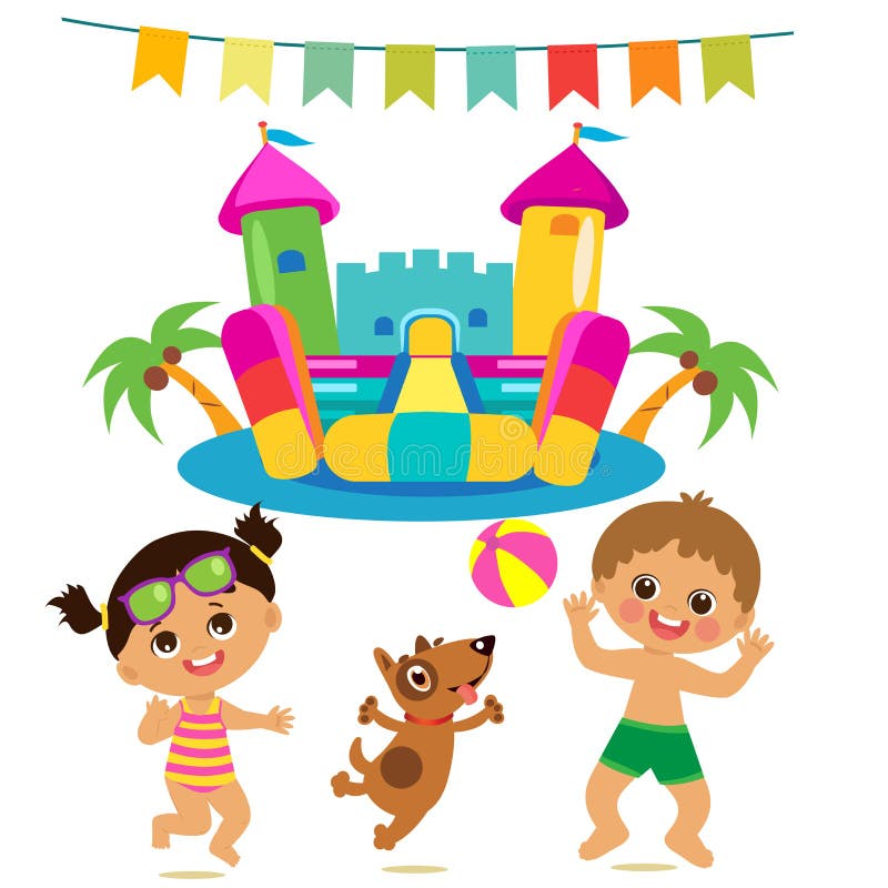 Jumping Kids And Dog And Bouncy Castle Vector Set. Cartoon Illustrations On A White Background. vector illustration Jumping Kids And Dog And Bouncy Castle Vector Set. Cartoon Illustrations On A White Background. vector illustration