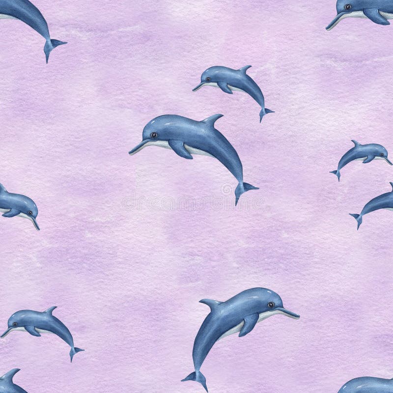 Jumping swimming blue dolphins. Seamless pattern with sea animals. Watercolor illustration on lilac background. Flock of dolphins. For textile, print, wrapping. Cartoon style