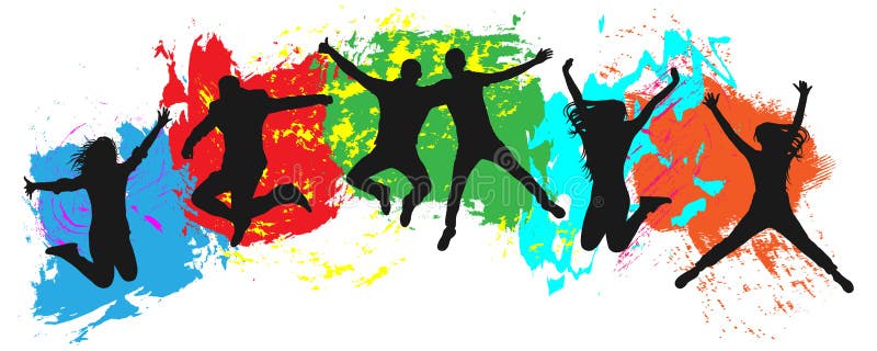 Jumping youth on colorful background. Jumps of cheerful young people, friends.