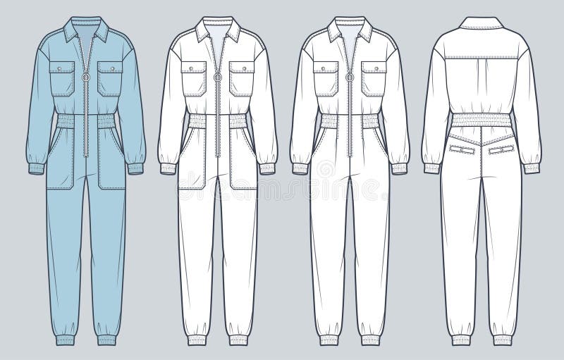 Jumpsuit Technical Fashion Illustration, Blue Design. Zip-up Jumpsuit ...