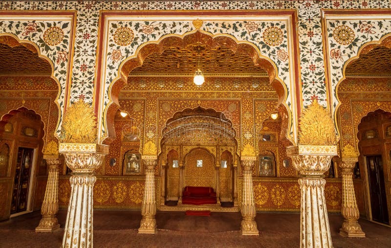 Junagarh Fort view of the Private Audience Hall in Anup Mahal with intricate gold carvings at Bikaner, Rajasthan, India