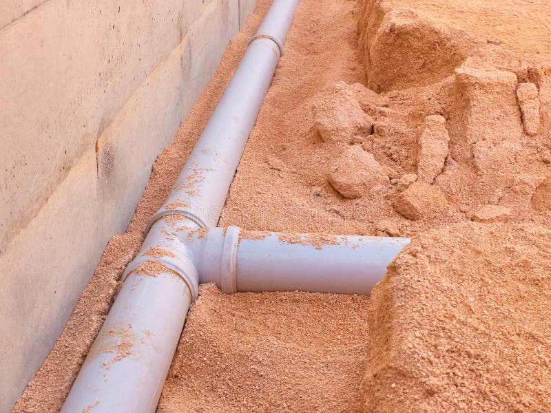 Junction of Plastic Sewer Pipes. Sewage Pipeline System of Residential