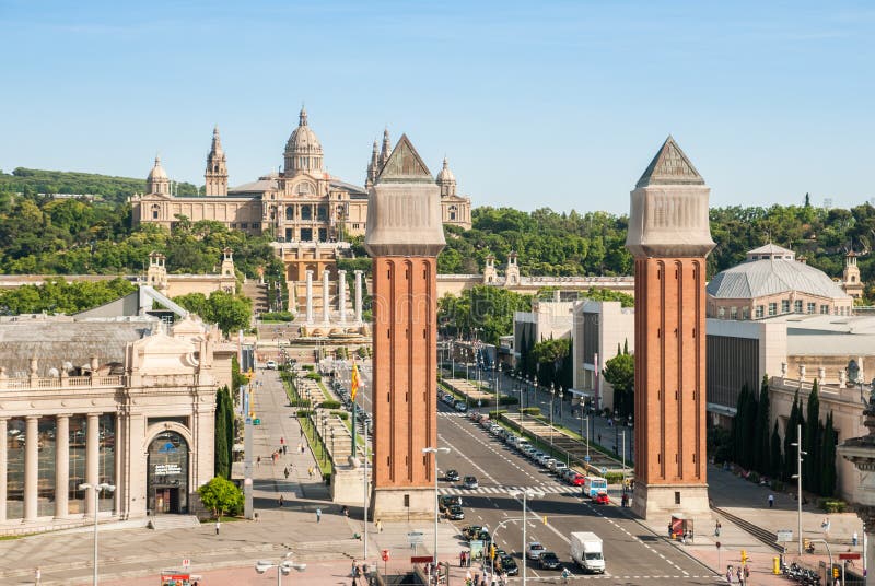 Venetian Towers and National Palace on Plaza de Espana in Barcelona stock photography Venetian Towers and National Palace on Plaza de Espana in Barcelona stock photography