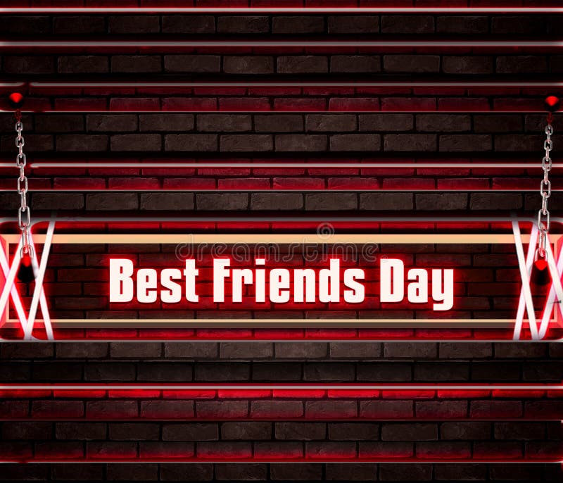 June, Best Friends Day, Neon Text Effect on Bricks Background Stock