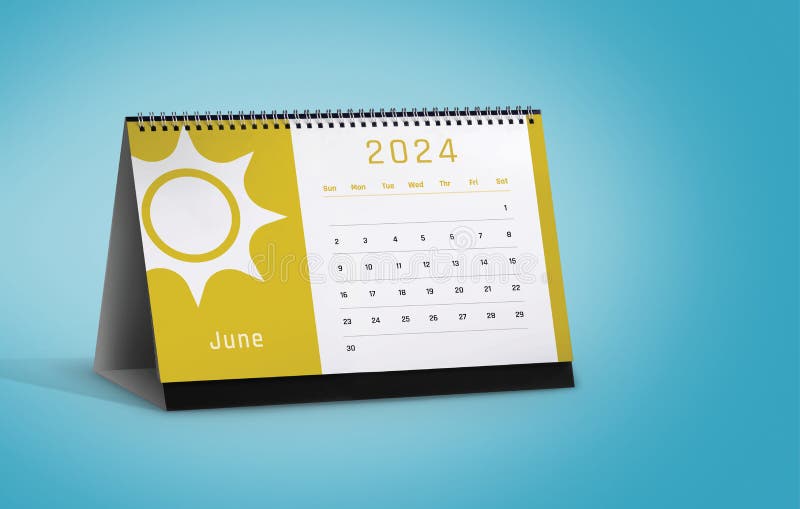 Object shot of Jun 2024 Summer Pop-up Tent Desk Calendar cutout on blue background with copyspace. Object shot of Jun 2024 Summer Pop-up Tent Desk Calendar cutout on blue background with copyspace.