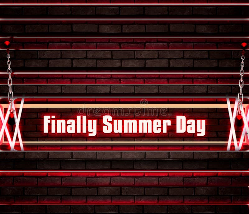 June, Finally Summer Day, Neon Text Effect on Bricks Background Stock
