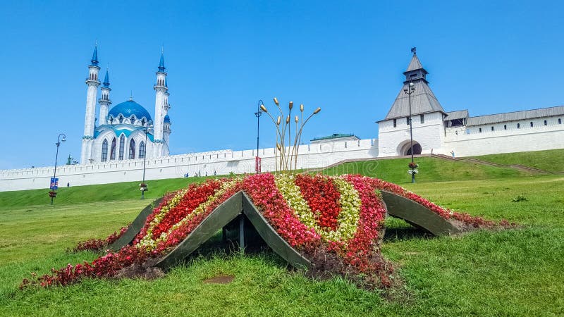 June 2018 Kazan, Republic of Tatarstan, Russia. View of the Kazan Kremlin with Qolsharif Mosque in the center,. Nameless Tower on the left and Spasskaya Tower royalty free stock photography June 2018 Kazan, Republic of Tatarstan, Russia. View of the Kazan Kremlin with Qolsharif Mosque in the center,. Nameless Tower on the left and Spasskaya Tower royalty free stock photography