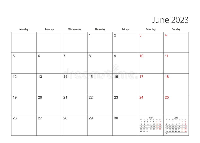 June 2023 Simple Calendar Planner, Week Starts from Monday Stock Vector